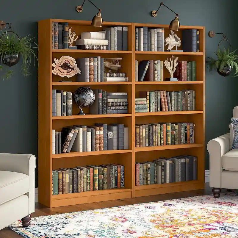 Bibliothèque haute à 5 étagères en bois de cerisier naturel, meuble de rangement et d'exposition