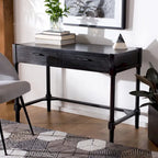 Bureau en bois sculpté deux tiroirs poignées en métal noir cadre ouvert marron classique