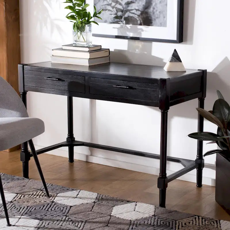 Bureau en bois sculpté deux tiroirs poignées en métal noir cadre ouvert marron classique