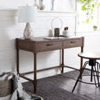 Bureau en bois sculpté deux tiroirs poignées en métal noir cadre ouvert marron classique