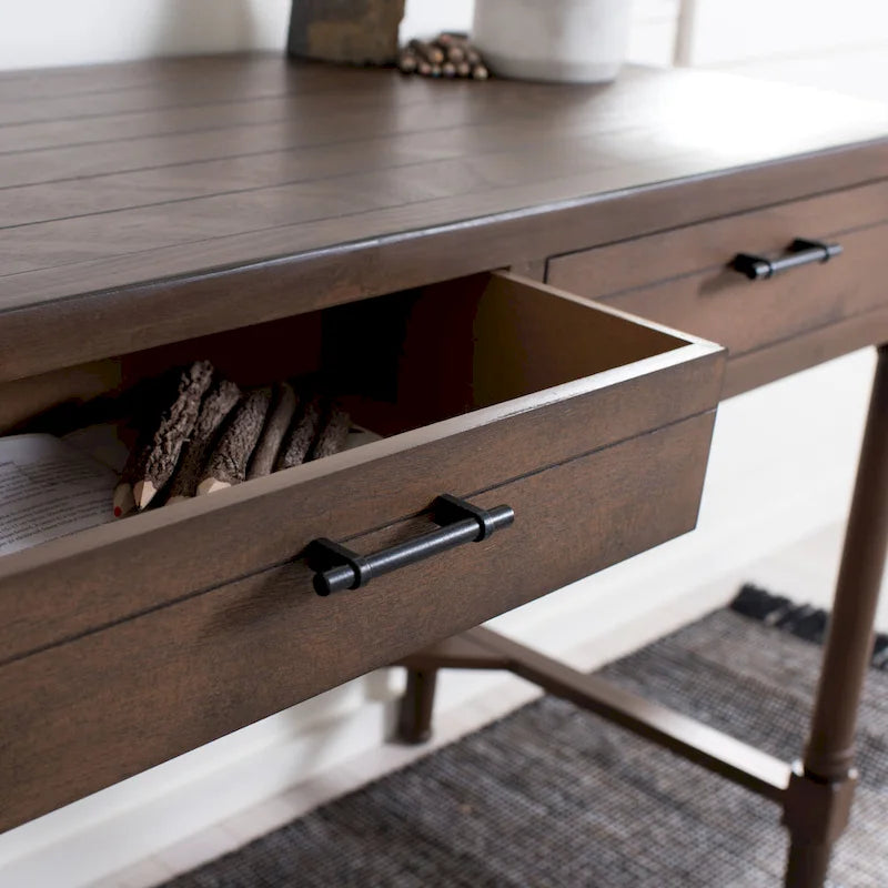 Bureau en bois sculpté deux tiroirs poignées en métal noir cadre ouvert marron classique