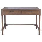 Bureau en bois sculpté deux tiroirs poignées en métal noir cadre ouvert marron classique