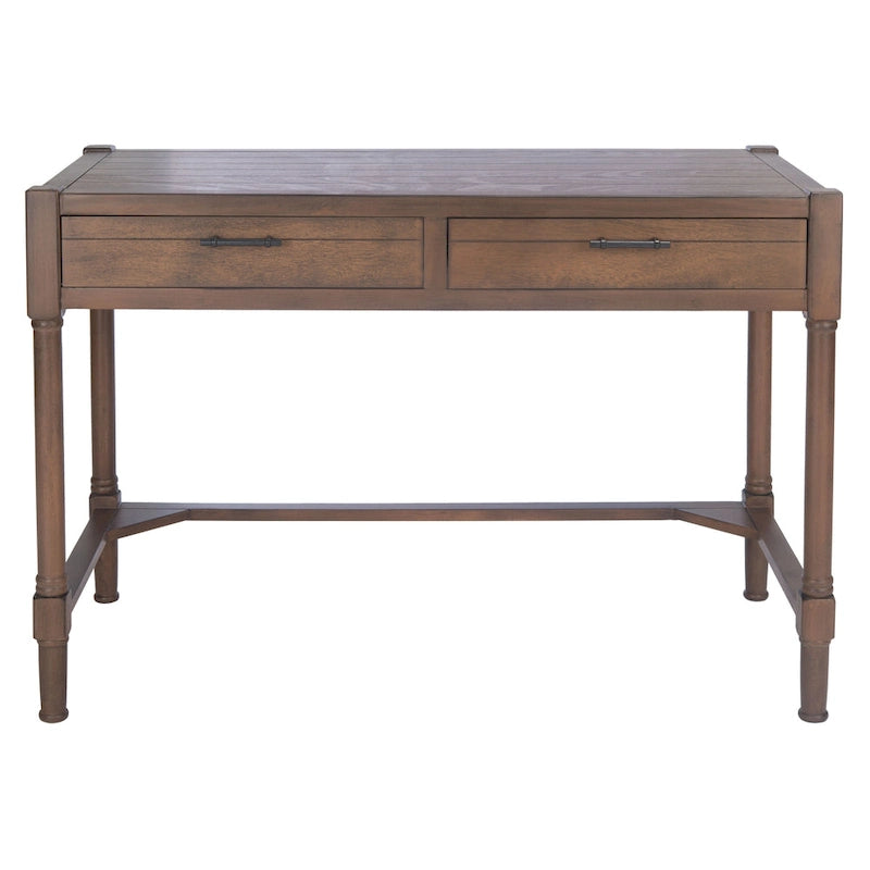Bureau en bois sculpté deux tiroirs poignées en métal noir cadre ouvert marron classique