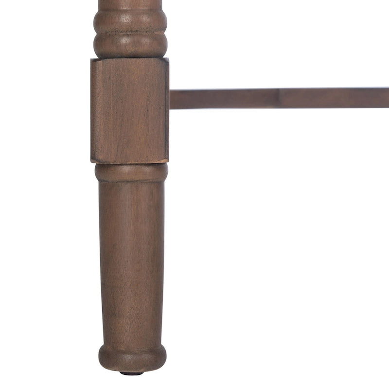 Bureau en bois sculpté deux tiroirs poignées en métal noir cadre ouvert marron classique