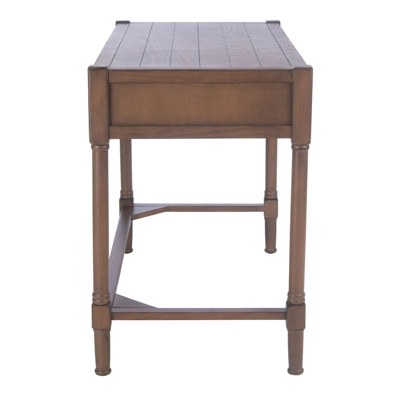 Bureau en bois sculpté deux tiroirs poignées en métal noir cadre ouvert marron classique