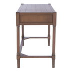 Bureau en bois sculpté deux tiroirs poignées en métal noir cadre ouvert marron classique