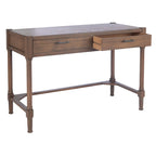 Bureau en bois sculpté deux tiroirs poignées en métal noir cadre ouvert marron classique