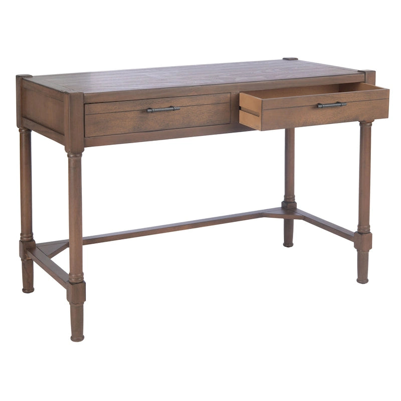 Bureau en bois sculpté deux tiroirs poignées en métal noir cadre ouvert marron classique