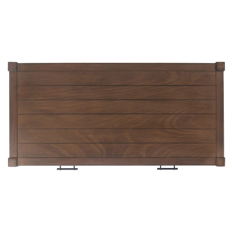 Bureau en bois sculpté deux tiroirs poignées en métal noir cadre ouvert marron classique
