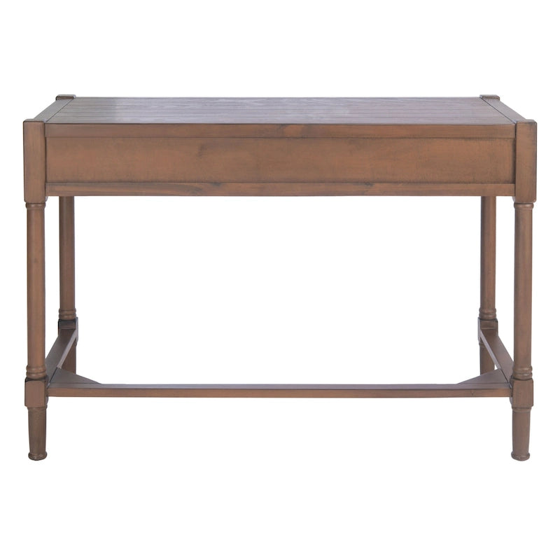 Bureau en bois sculpté deux tiroirs poignées en métal noir cadre ouvert marron classique