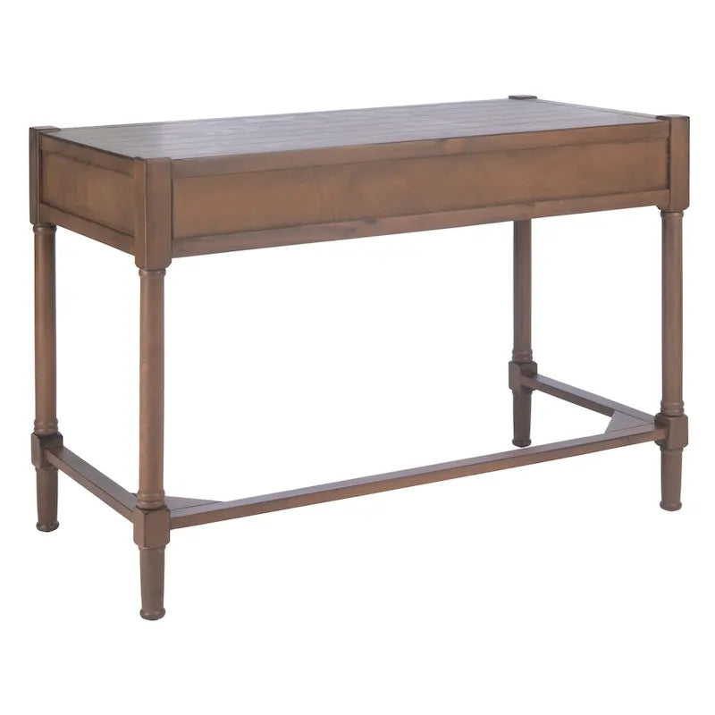 Bureau en bois sculpté deux tiroirs poignées en métal noir cadre ouvert marron classique