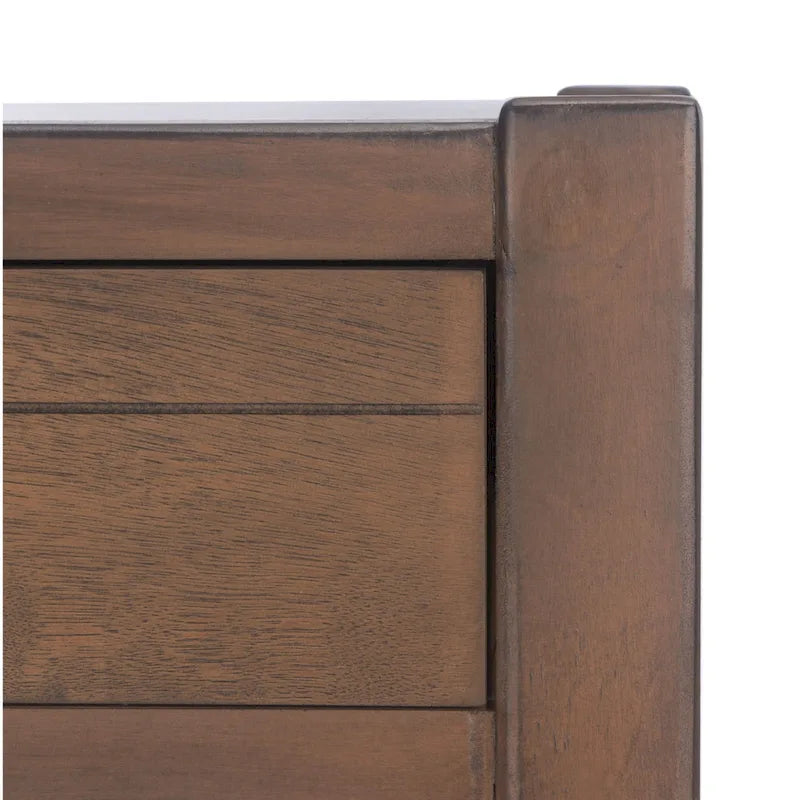 Bureau en bois sculpté deux tiroirs poignées en métal noir cadre ouvert marron classique