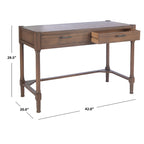 Bureau en bois sculpté deux tiroirs poignées en métal noir cadre ouvert marron classique