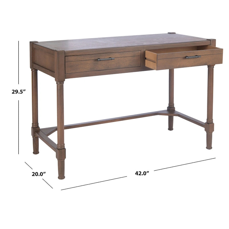 Bureau en bois sculpté deux tiroirs poignées en métal noir cadre ouvert marron classique