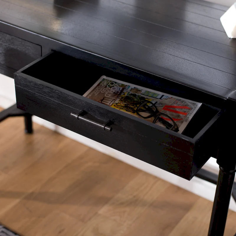 Bureau en bois sculpté deux tiroirs poignées en métal noir cadre ouvert marron classique