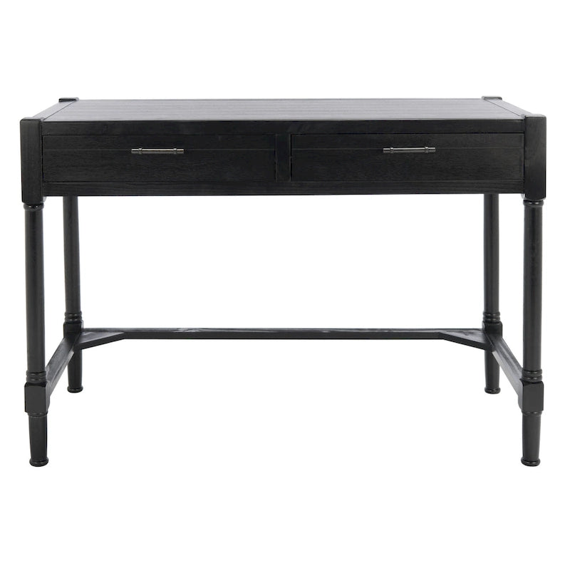 Bureau en bois sculpté deux tiroirs poignées en métal noir cadre ouvert marron classique