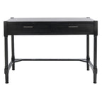 Bureau en bois sculpté deux tiroirs poignées en métal noir cadre ouvert marron classique