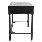 Bureau en bois sculpté deux tiroirs poignées en métal noir cadre ouvert marron classique