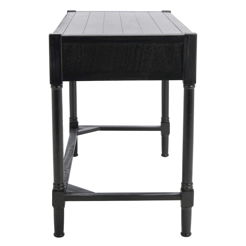 Bureau en bois sculpté deux tiroirs poignées en métal noir cadre ouvert marron classique