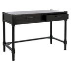 Bureau en bois sculpté deux tiroirs poignées en métal noir cadre ouvert marron classique
