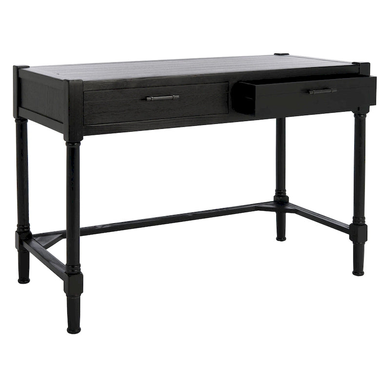 Bureau en bois sculpté deux tiroirs poignées en métal noir cadre ouvert marron classique