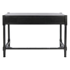 Bureau en bois sculpté deux tiroirs poignées en métal noir cadre ouvert marron classique