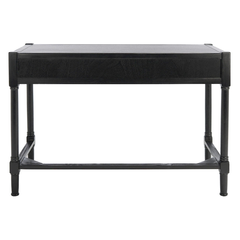Bureau en bois sculpté deux tiroirs poignées en métal noir cadre ouvert marron classique