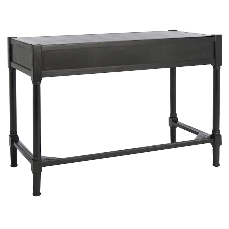 Bureau en bois sculpté deux tiroirs poignées en métal noir cadre ouvert marron classique