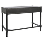 Bureau en bois sculpté deux tiroirs poignées en métal noir cadre ouvert marron classique