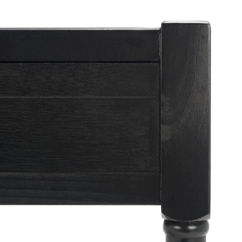 Bureau en bois sculpté deux tiroirs poignées en métal noir cadre ouvert marron classique