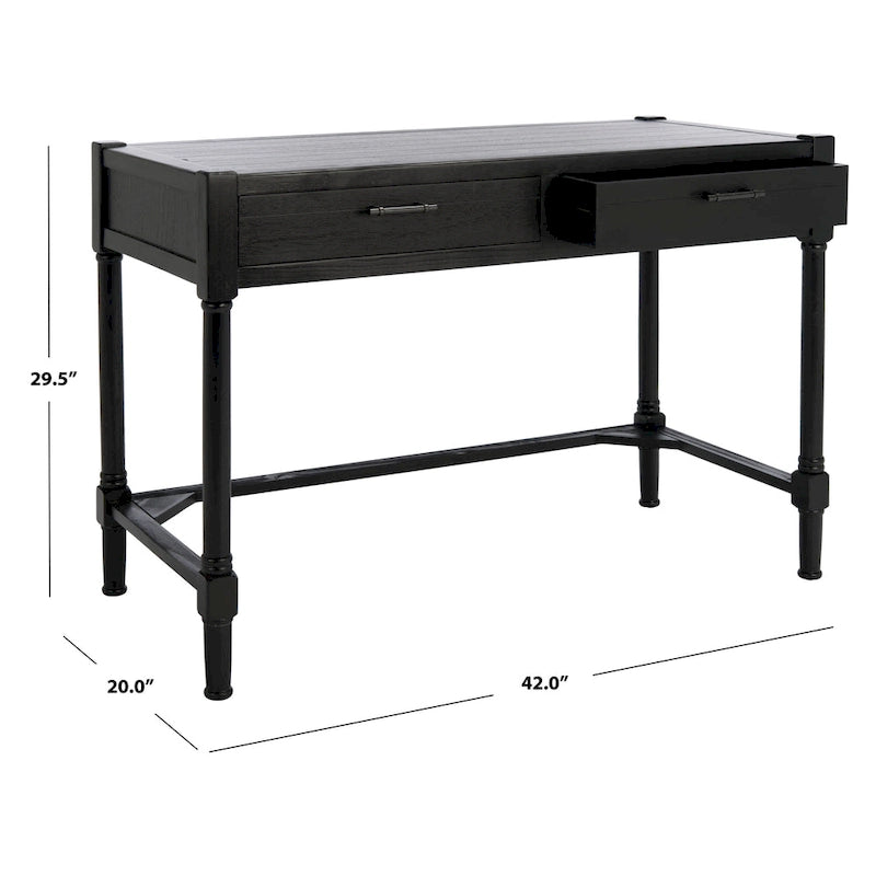 Bureau en bois sculpté deux tiroirs poignées en métal noir cadre ouvert marron classique