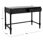 Bureau en bois sculpté deux tiroirs poignées en métal noir cadre ouvert marron classique