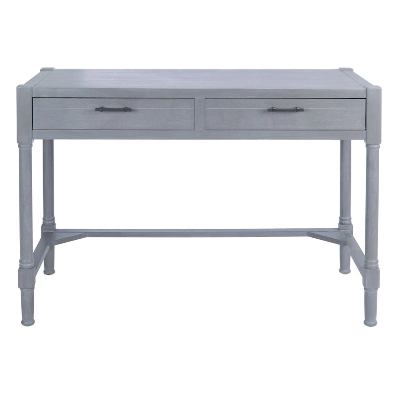 Bureau en bois sculpté deux tiroirs poignées en métal noir cadre ouvert marron classique