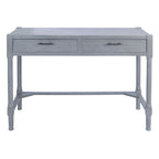 Bureau en bois sculpté deux tiroirs poignées en métal noir cadre ouvert marron classique