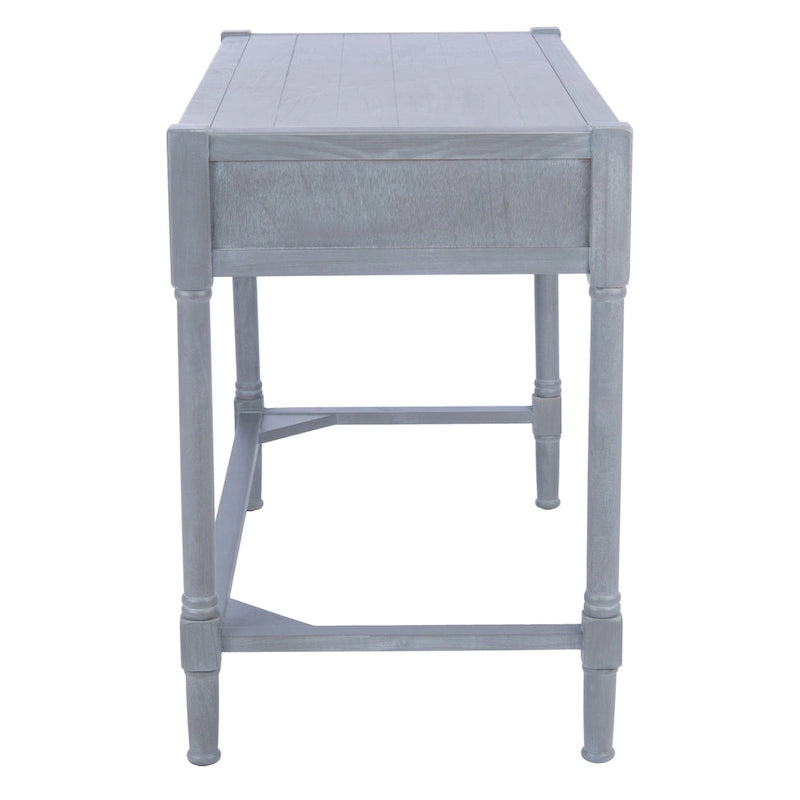 Bureau en bois sculpté deux tiroirs poignées en métal noir cadre ouvert marron classique