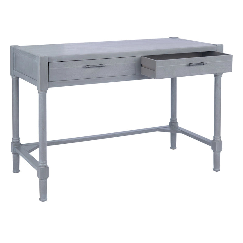 Bureau en bois sculpté deux tiroirs poignées en métal noir cadre ouvert marron classique