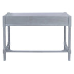 Bureau en bois sculpté deux tiroirs poignées en métal noir cadre ouvert marron classique