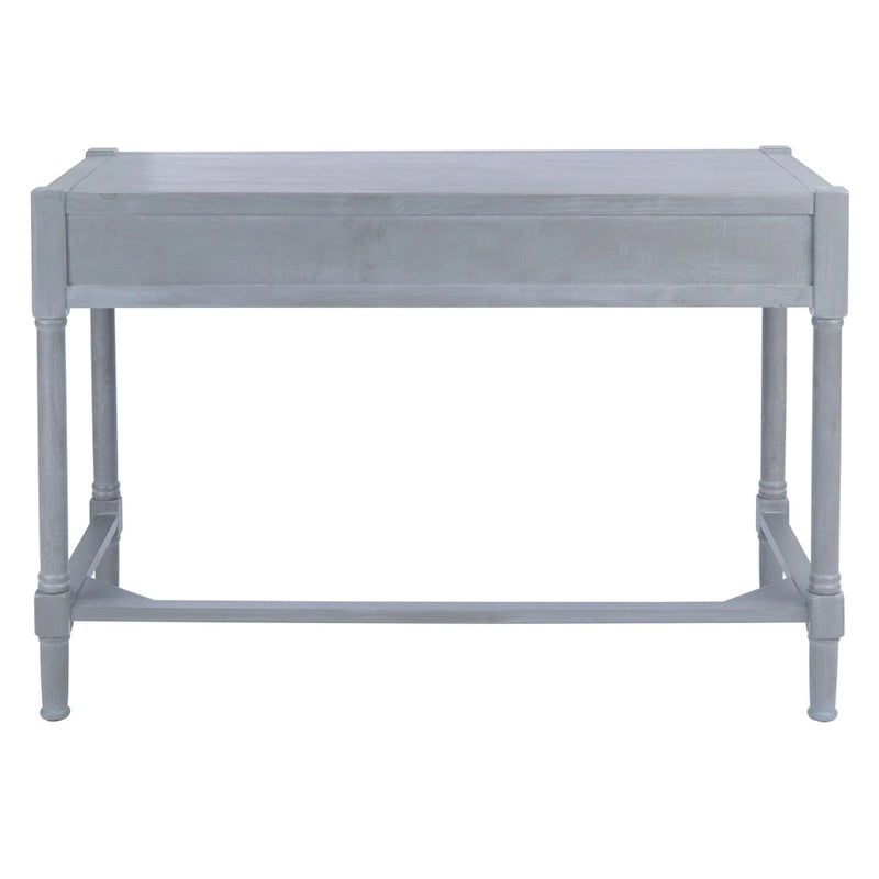 Bureau en bois sculpté deux tiroirs poignées en métal noir cadre ouvert marron classique