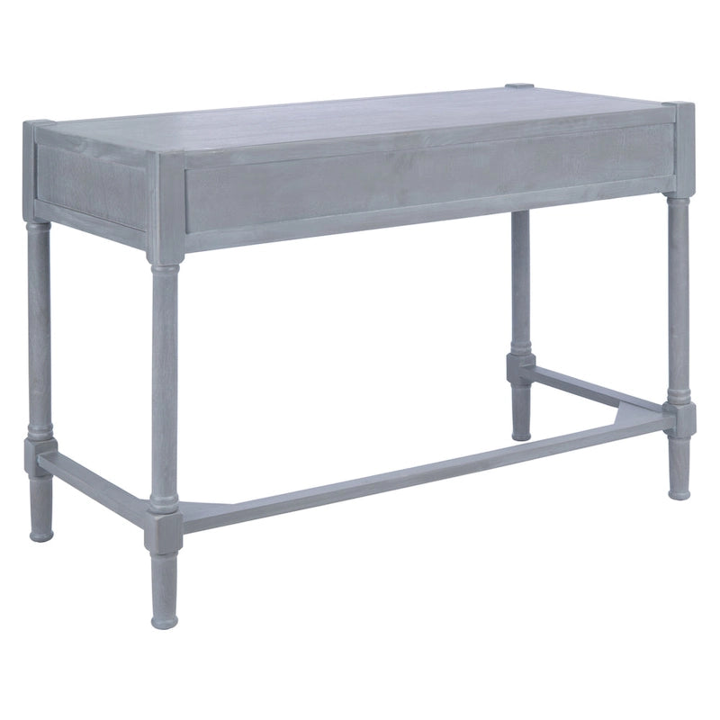 Bureau en bois sculpté deux tiroirs poignées en métal noir cadre ouvert marron classique