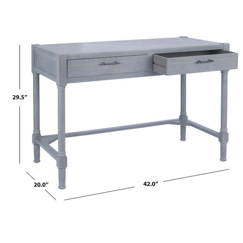 Bureau en bois sculpté deux tiroirs poignées en métal noir cadre ouvert marron classique