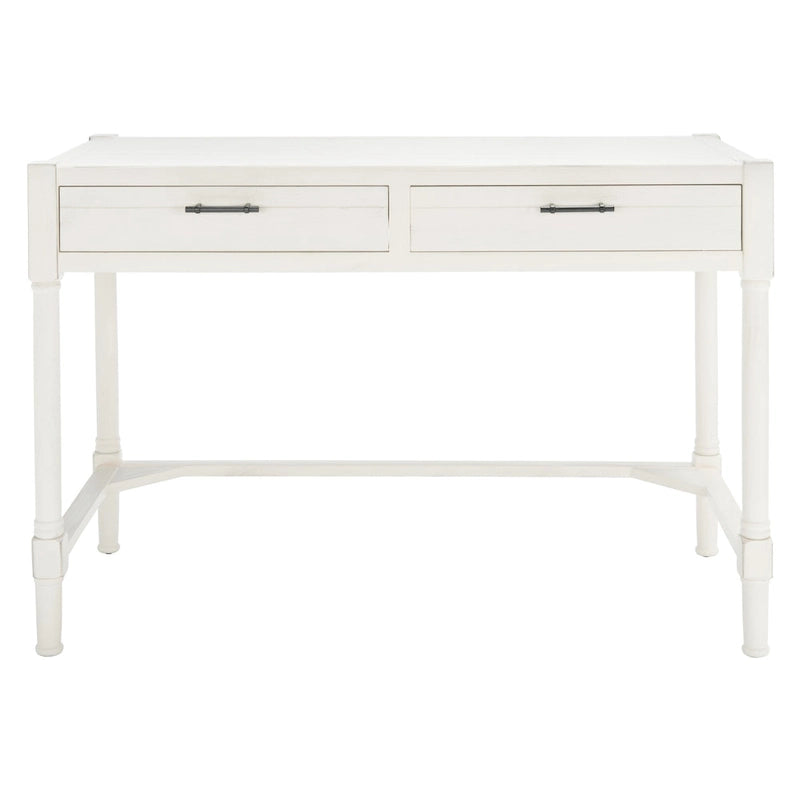 Bureau en bois sculpté deux tiroirs poignées en métal noir cadre ouvert marron classique
