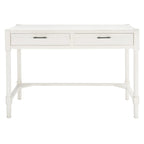 Bureau en bois sculpté deux tiroirs poignées en métal noir cadre ouvert marron classique