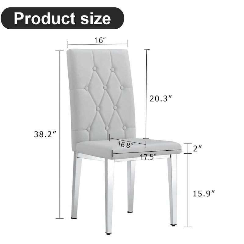 Chaise de salle à manger grise sans accoudoirs, avec dossier capitonné à motif quadrillé et clouté, et pieds en métal argenté.