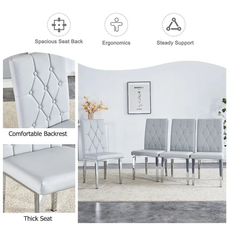 Chaise de salle à manger grise sans accoudoirs, avec dossier capitonné à motif quadrillé et clouté, et pieds en métal argenté.
