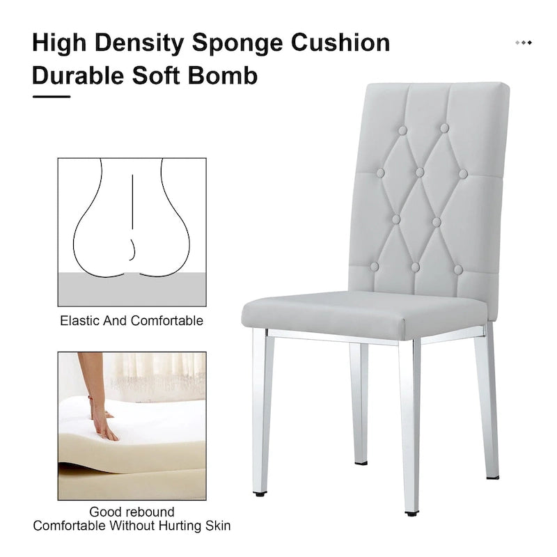 Chaise de salle à manger grise sans accoudoirs, avec dossier capitonné à motif quadrillé et clouté, et pieds en métal argenté.