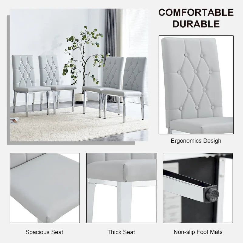 Chaise de salle à manger grise sans accoudoirs, avec dossier capitonné à motif quadrillé et clouté, et pieds en métal argenté.