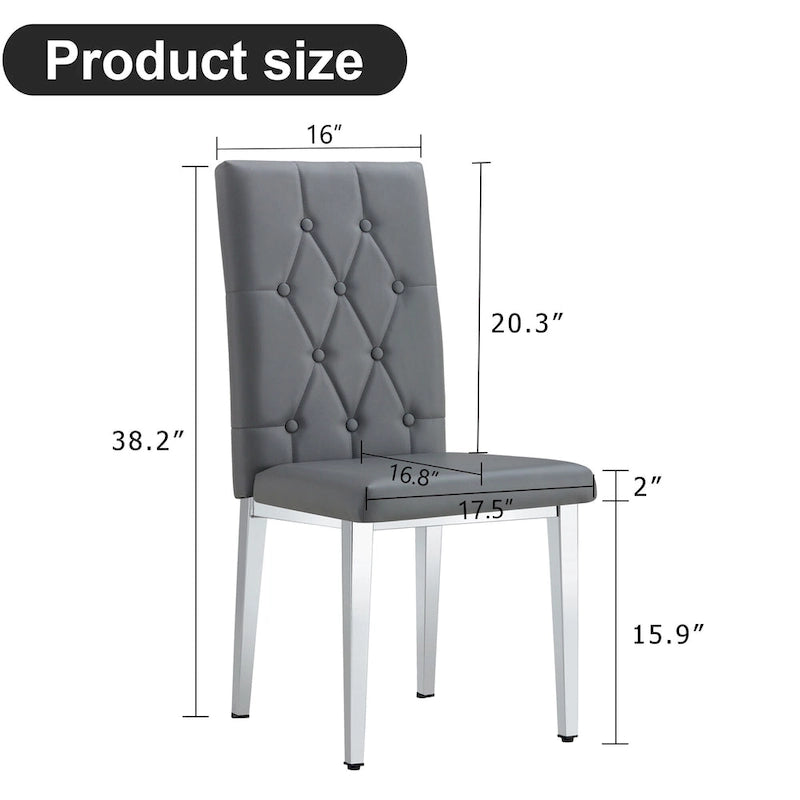Chaise de salle à manger grise sans accoudoirs, avec dossier capitonné à motif quadrillé et clouté, et pieds en métal argenté.
