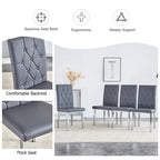 Chaise de salle à manger grise sans accoudoirs, avec dossier capitonné à motif quadrillé et clouté, et pieds en métal argenté.