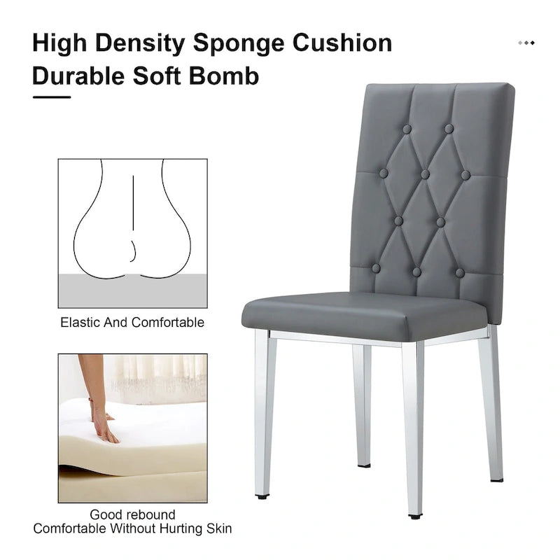 Chaise de salle à manger grise sans accoudoirs, avec dossier capitonné à motif quadrillé et clouté, et pieds en métal argenté.