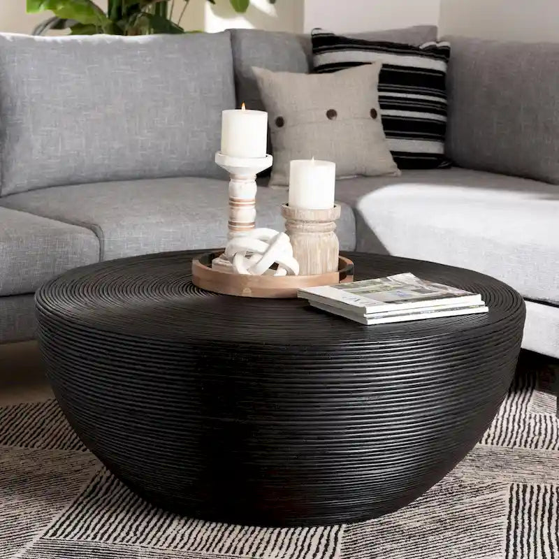 Tokyo Laminated Natural Rattan Coffee Table - Handcrafted Drum Table for Living Room, Coastal Boho Style Furniture